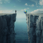 A man standing on one side of a chasm and the globe is on the other side.