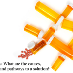 In a white background orange empty medicine holders forming an octothorpe. I holder is full and some red pills are flooding out of it. The tile Drug Shortages: What are the causes, consequences and pathways to a solution? is written in the left handside